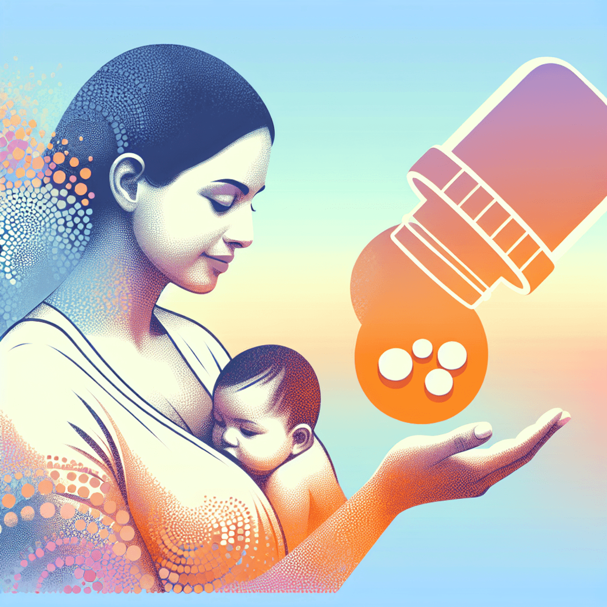An abstract representation of a Hispanic woman gently nursing her baby, radiating warmth and care. She gazes thoughtfully at a pill bottle-shaped obje