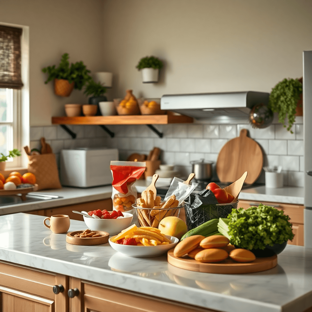 Cozy kitchen with healthy snacks and nutritious foods on the counter, creating a calm and comforting atmosphere.
