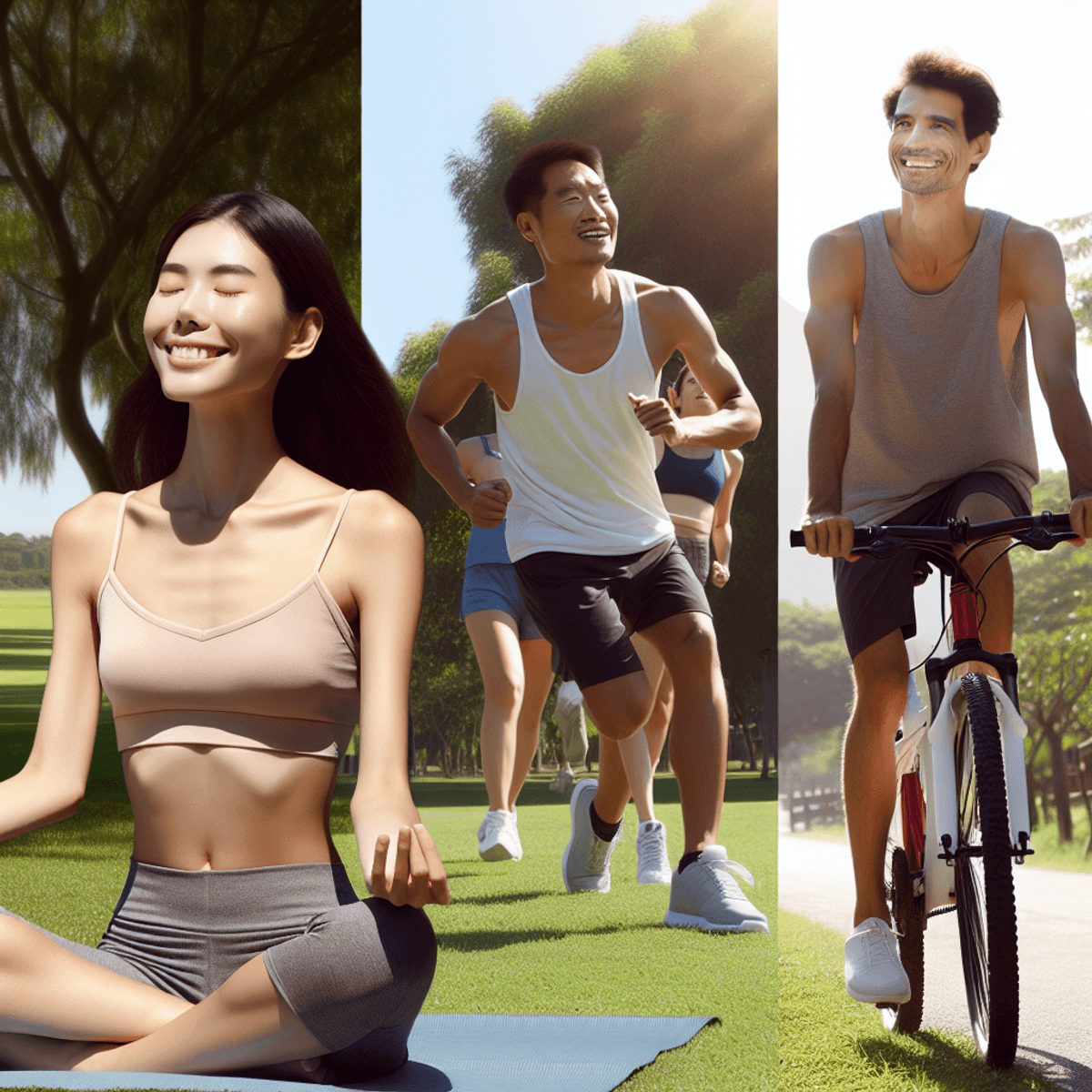 A sunny outdoor park filled with greenery, featuring a Caucasian woman practicing yoga with a serene smile, an Asian man jogging nearby with an energe