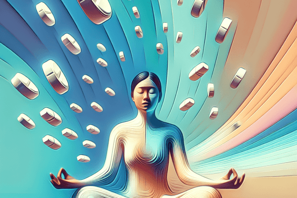 An abstract depiction of an Asian person with a serene expression, seated in a lotus position on a gentle surface, surrounded by ethereal floating sug