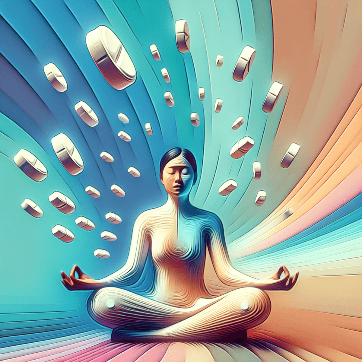 An abstract depiction of an Asian person with a serene expression, seated in a lotus position on a gentle surface, surrounded by ethereal floating sug