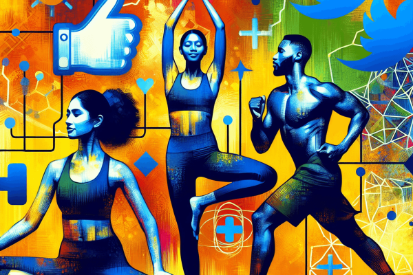 An abstract image featuring a South Asian woman in a tree yoga pose, a Black man lifting weights, and a Hispanic woman jogging energetically. The back