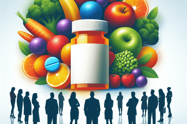 An abstract image featuring a central medication bottle, encircled by an assortment of colorful fruits and vegetables, symbolizing weight management a