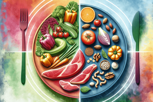 An abstract image featuring a plate filled with an assortment of vibrantly colored vegetables, lean meats, and a variety of nuts, symbolizing a balanc