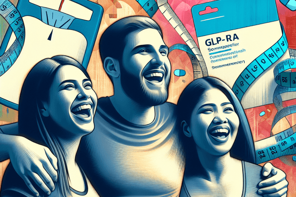 An abstract image showing a Caucasian female, Hispanic male, and South Asian female joyfully celebrating their successful weight loss journey, surroun