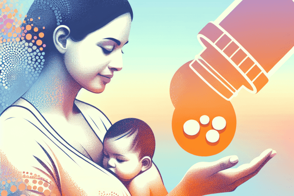 An abstract representation of a Hispanic woman gently nursing her baby, radiating warmth and care. She gazes thoughtfully at a pill bottle-shaped obje