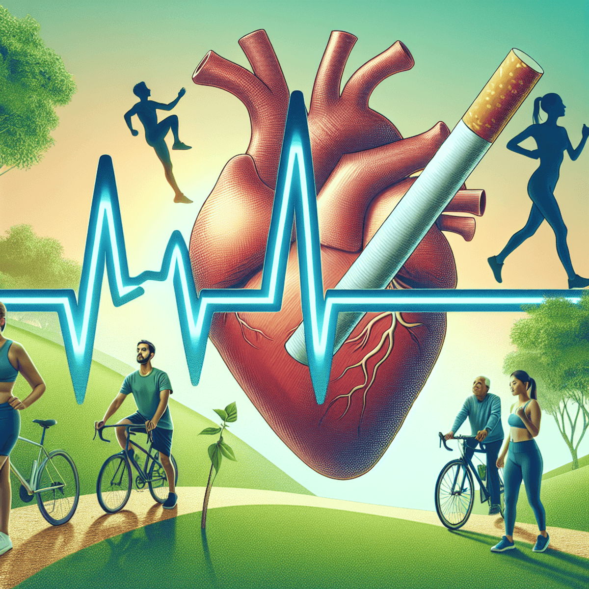 An abstract visual representation of a heart with an irregular heartbeat waveform at its center, surrounded by symbols of smoking cessation including