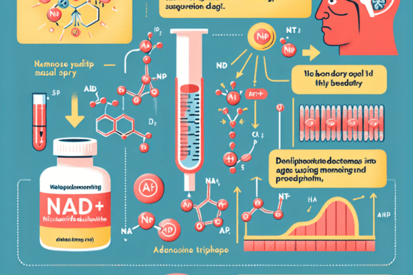 A digital art representation of a nasal spray bottle with the chemical structure of NAD+ on a futuristic background.