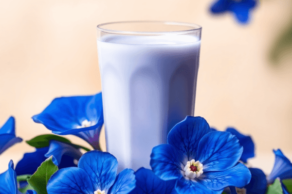 A close-up of butterfly pea flowers used to make butterfly milk with deep blue petals next to a glass of creamy butterfly milk, set against a softl...
