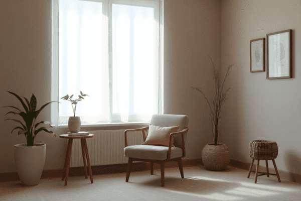 A tranquil therapy room with soft lighting, featuring a comfortable chair, calming decor, a small plant, a journal, and a pen, creating an atmosphe...