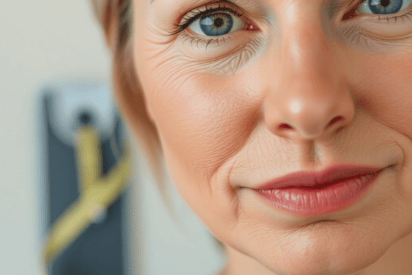 Close-up of a woman's face showing subtle signs of aging against a soft background, with a thoughtful expression and elements like a measuring tape...