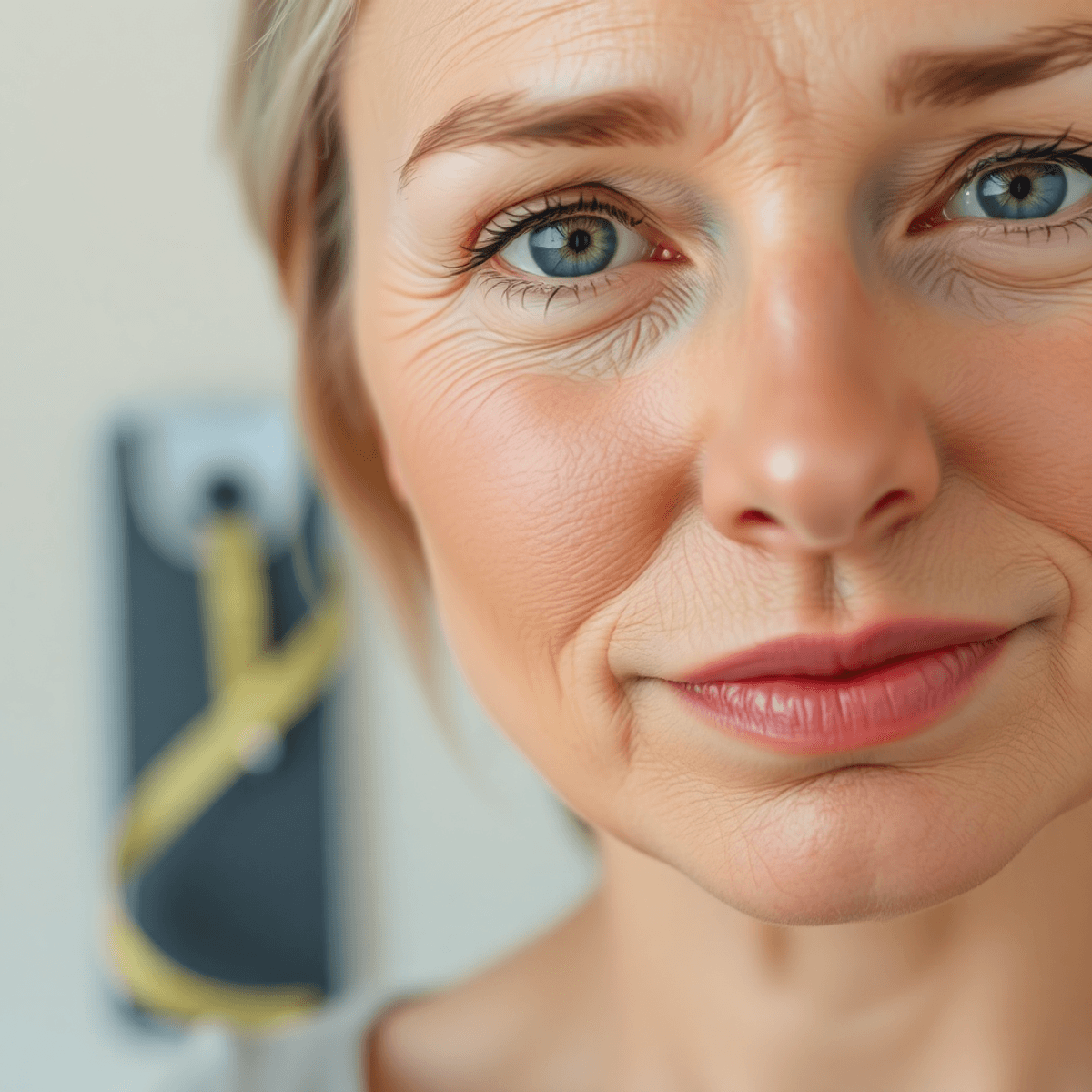 Close-up of a woman's face showing subtle signs of aging against a soft background, with a thoughtful expression and elements like a measuring tape...