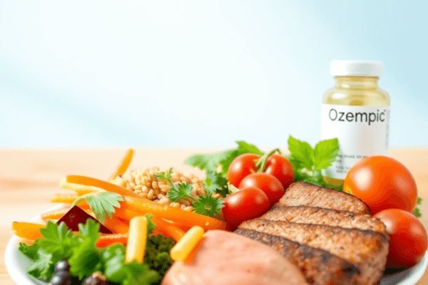 A balanced meal on a plate featuring colorful vegetables, lean protein, and whole grains, with a bright background and a small medication bottle la...