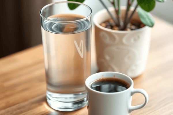 A clear glass of water and a steaming cup of black coffee on a wooden table, with a healthy plant softly blurred in the background, conveying welln...