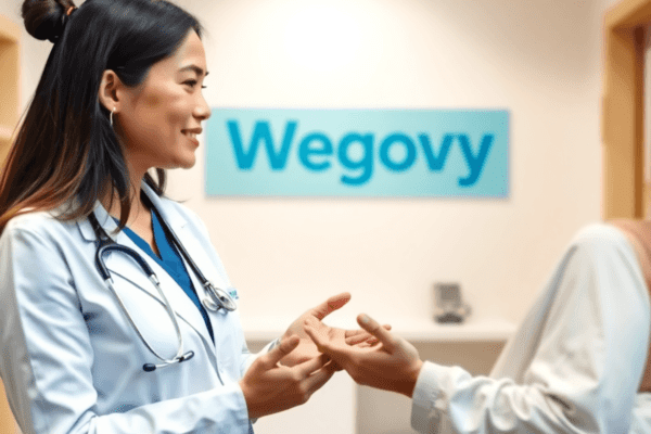 A healthcare professional discussing weight loss options with a patient in a bright clinic, featuring Wegovy and BCBS branding in the background.