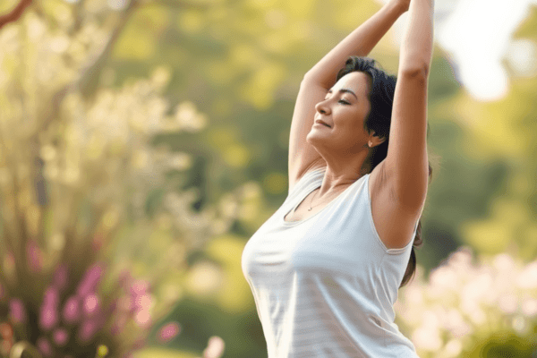 A middle-aged woman practicing yoga outdoors amidst trees and flowers, embodying balance and wellness, with soft light and flowing water symbolizin...