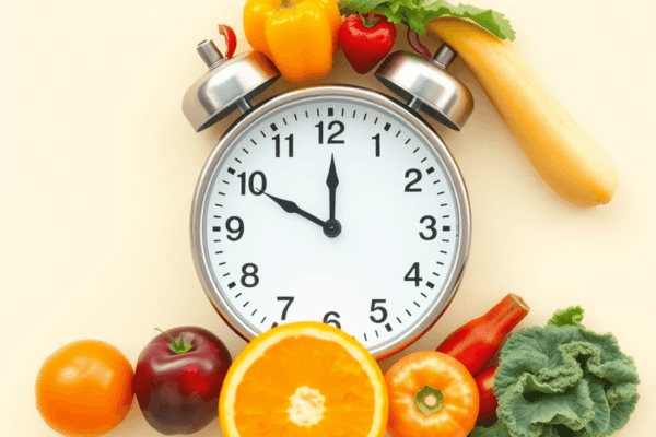 A minimalist clock surrounded by vibrant fruits and vegetables, set against a bright background, symbolizing fasting and time management for health.