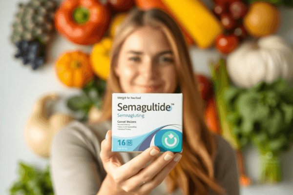 A person holding a semaglutide medication box in front of fresh fruits and vegetables, conveying a positive atmosphere for healthy eating and weigh...