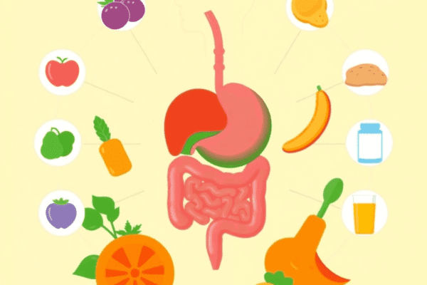 Illustration of a healthy digestive system surrounded by fruits, vegetables, and supplements on a bright, inviting background, conveying wellness a...