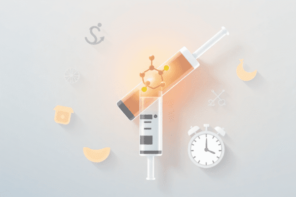 Illustration of a medical syringe with glowing semaglutide molecule and icons of scale, healthy food, and clock on a soft gradient background.