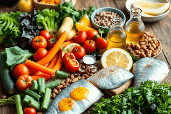 A colorful Mediterranean diet spread with fresh vegetables, fruits, nuts, olive oil, and fish on a rustic table beside exercise gear.