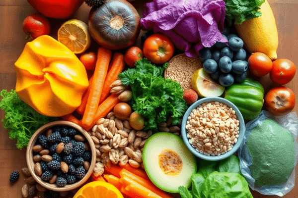 A colorful spread of fresh fruits, vegetables, nuts, seeds, and whole grains on a wooden table with bright natural light.