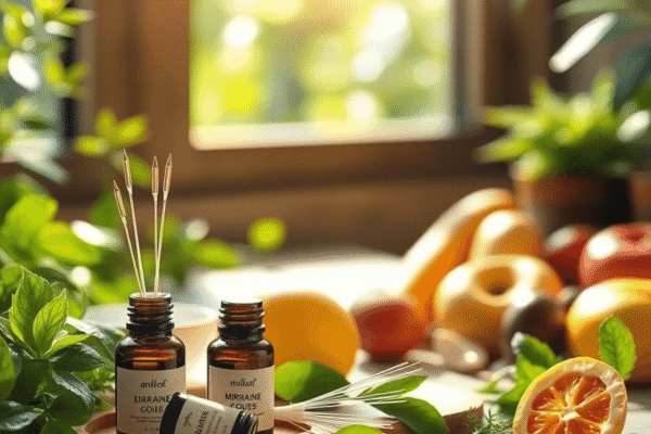A peaceful meditation space with essential oils, acupuncture needles, fresh fruits and vegetables, bathed in soft sunlight through green leaves.