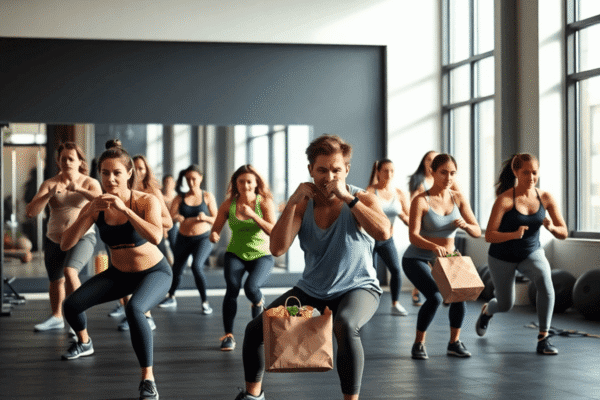 Adults performing squats, lunges, and carrying groceries in a bright, modern gym emphasizing functional fitness and everyday strength.
