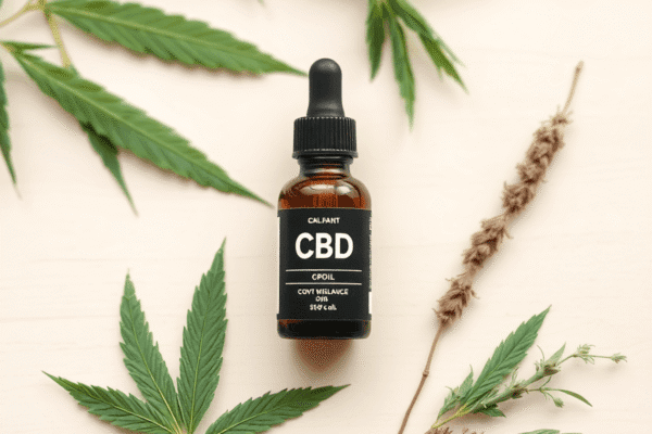 Amber CBD oil bottle with dropper on wooden surface, surrounded by hemp leaves and fresh herbs, symbolizing health and holistic self-care.
