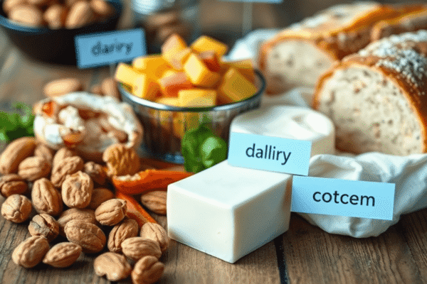 Close-up of labeled allergenic foods including nuts, shellfish, dairy, and bread on a wooden table.