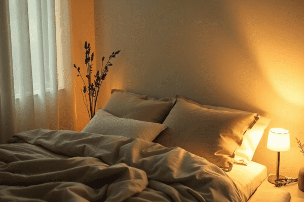 Cozy bedroom with warm lighting, plush bed, bedside table with lamp and book, and calming plants creating a peaceful sleep atmosphere.