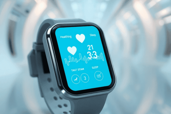 Smartwatch displaying heart rate and sleep data on screen, set against a clean, futuristic background symbolizing advanced health monitoring.
