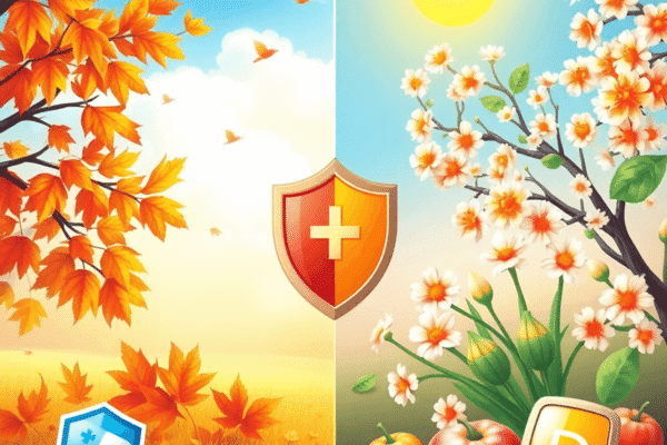 Split scene illustration of autumn leaves and spring blossoms with immune health symbols like a shield, vitamin D capsules, and healthy foods in a ...