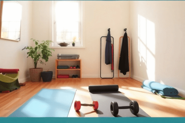 Sunlit home workout space with yoga mats, dumbbells, and resistance bands neatly arranged for a bright, inviting fitness area.