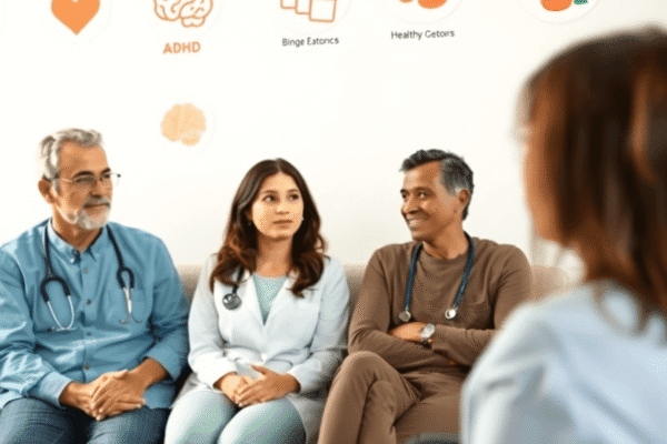 A calming healthcare setting with people in a counseling session, medical professionals, and subtle ADHD and binge eating disorder symbols in the b...