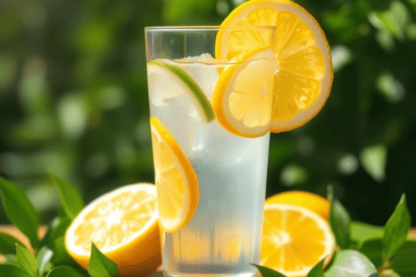 A clear glass of water with lemon slices on a wooden table, surrounded by green leaves and bright sunlight.