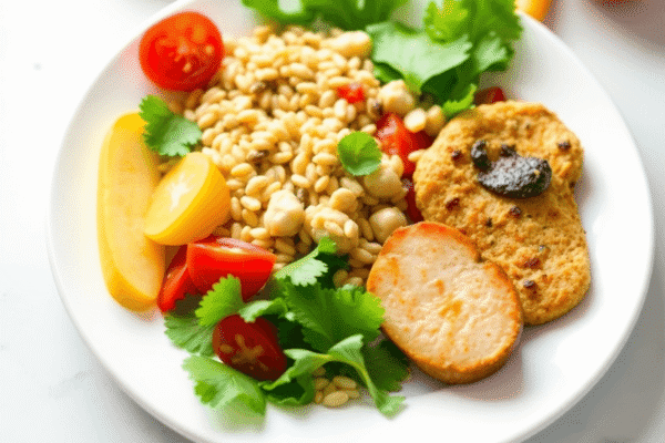 A colorful balanced meal with fresh vegetables, whole grains, and lean proteins on a white plate, symbolizing healthy eating for IBS and weight man...