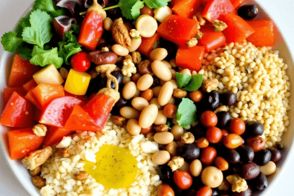 A colorful plate of fresh Mediterranean vegetables, legumes, grains, nuts, and olive oil in a vibrant, realistic style.