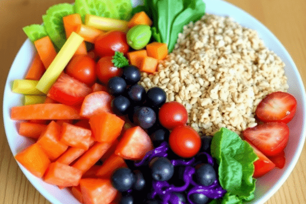 A colorful plate with fresh vegetables, fruits, whole grains, and lean proteins arranged on a wooden table, showcasing a healthy DASH Diet meal.