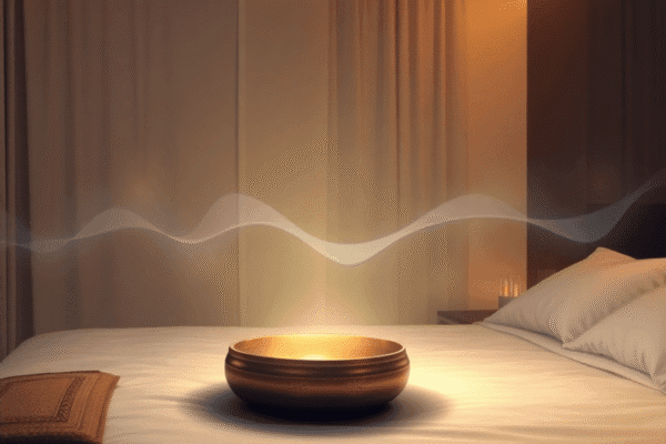 A cozy bedroom with warm lighting, Tibetan singing bowls, and gentle sound waves symbolizing calming frequencies for relaxation and peaceful sleep.