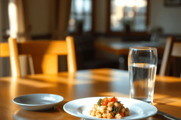A cozy dining table with natural light, a simple plate of nutritious food, and a glass of water, symbolizing care during mealtime.