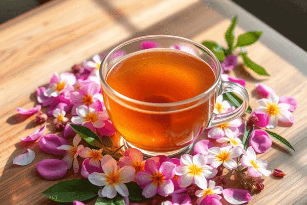 A cup of herbal tea on a wooden table, surrounded by flower petals and leaves, bathed in soft natural light, creating a peaceful and relaxing scene.