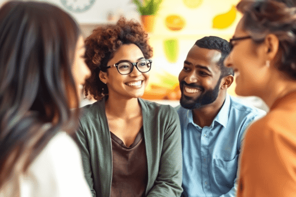 A diverse group in a bright clinic engaged in supportive conversation, with brain icons and healthy foods subtly displayed in the background.