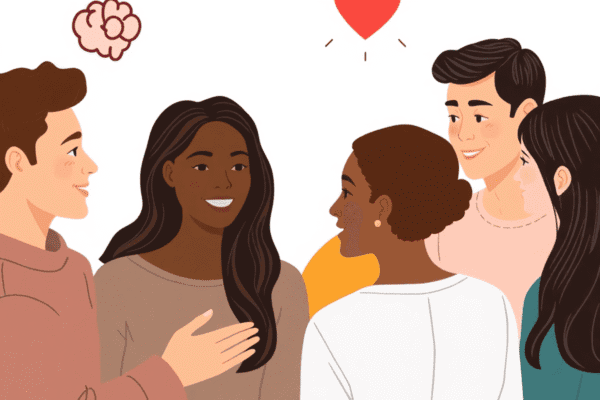 A diverse group in a supportive conversation about mental health with calming colors and symbols of a brain and heart, depicted in a realistic style.