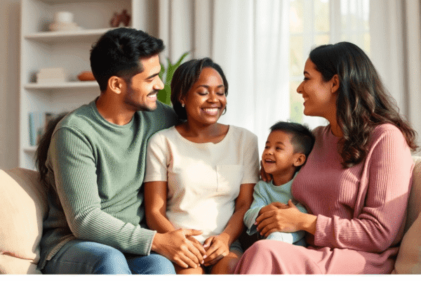 A family sharing a warm, supportive moment at home with soft natural light and calming colors, symbolizing care and emotional support.