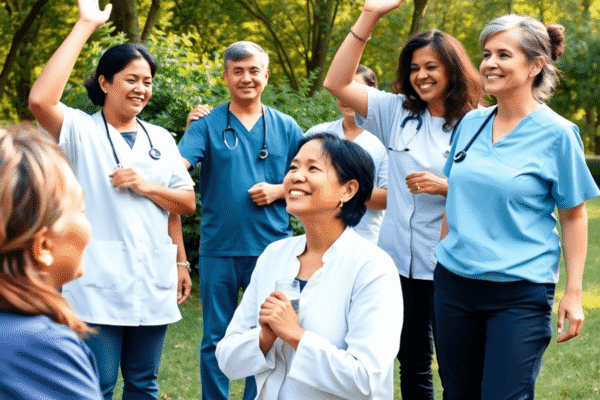 A group of caregivers outdoors enjoying a peaceful break, stretching, drinking water, and sharing supportive smiles in a natural setting.