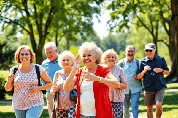 A group of middle-aged and elderly people walking, stretching, and sharing healthy meals in a sunny park, promoting nutrition, exercise, and positi...