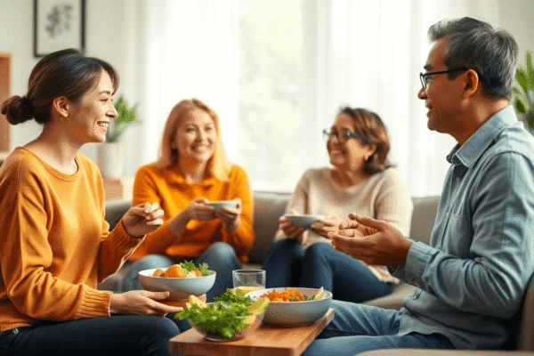 A group of people sitting in a cozy living room, sharing healthy meals and engaging in a warm, supportive conversation about mental health and nutr...