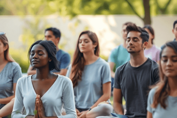 A group practicing mindfulness outdoors amid soft light and gentle greenery, promoting calm and stress relief in a realistic setting.