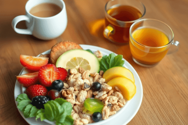 A healthy snack plate with fresh fruits, nuts, vegetables, and a cup of herbal tea on a wooden table, evoking calm and self-care.